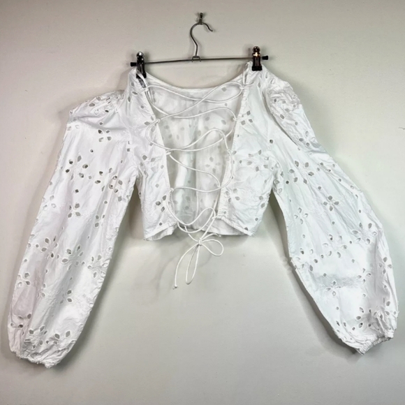Zara White Crochet Eyelet Tie Back Cropped Top Size XS - Picture 2 of 5